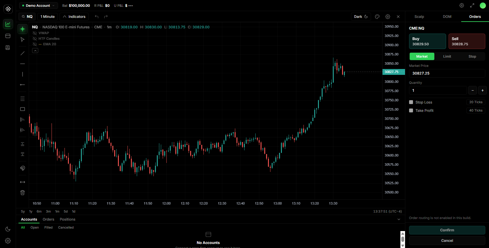 Exoprop charting workspace: NQ candlestick chart with indicators, order panel and account bar
